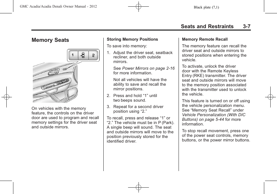 Memory seats, Memory seats -7, Seats and restraints 3-7 | GMC 2012 Acadia User Manual | Page 61 / 456