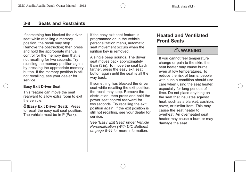Heated and ventilated front seats, Heated and ventilated, Heated and ventilated front | Seats -8 | GMC 2012 Acadia User Manual | Page 62 / 456
