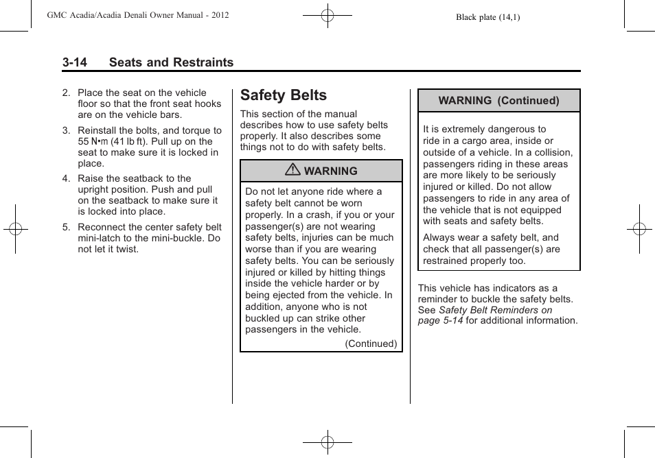 Safety belts, Safety belts -14 | GMC 2012 Acadia User Manual | Page 68 / 456