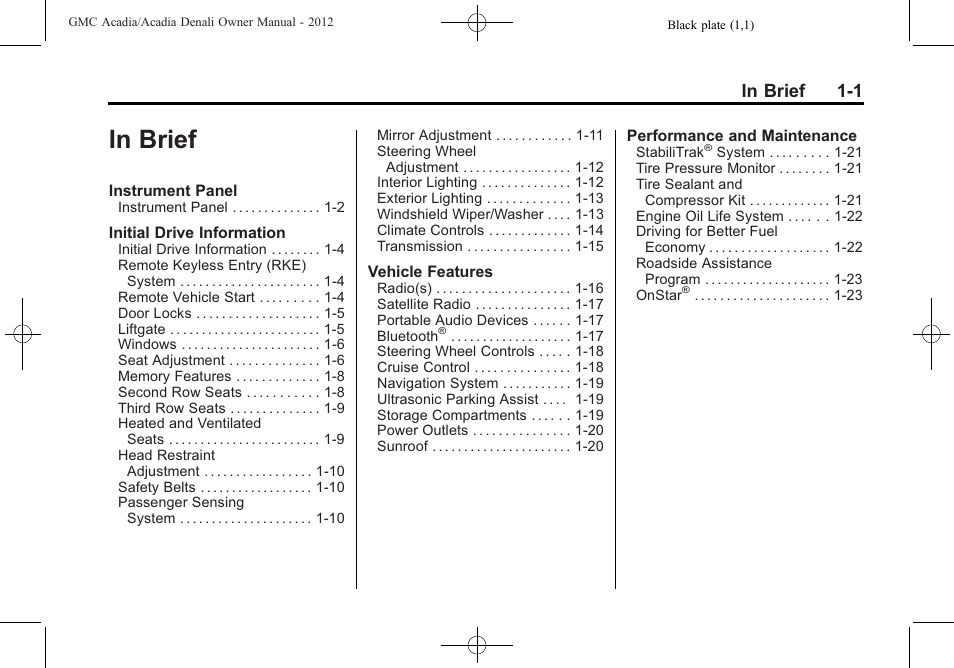 In brief, In brief -1 | GMC 2012 Acadia User Manual | Page 7 / 456