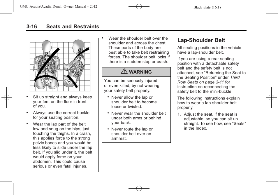 Lap-shoulder belt, Lap-shoulder belt -16, 16 seats and restraints | GMC 2012 Acadia User Manual | Page 70 / 456