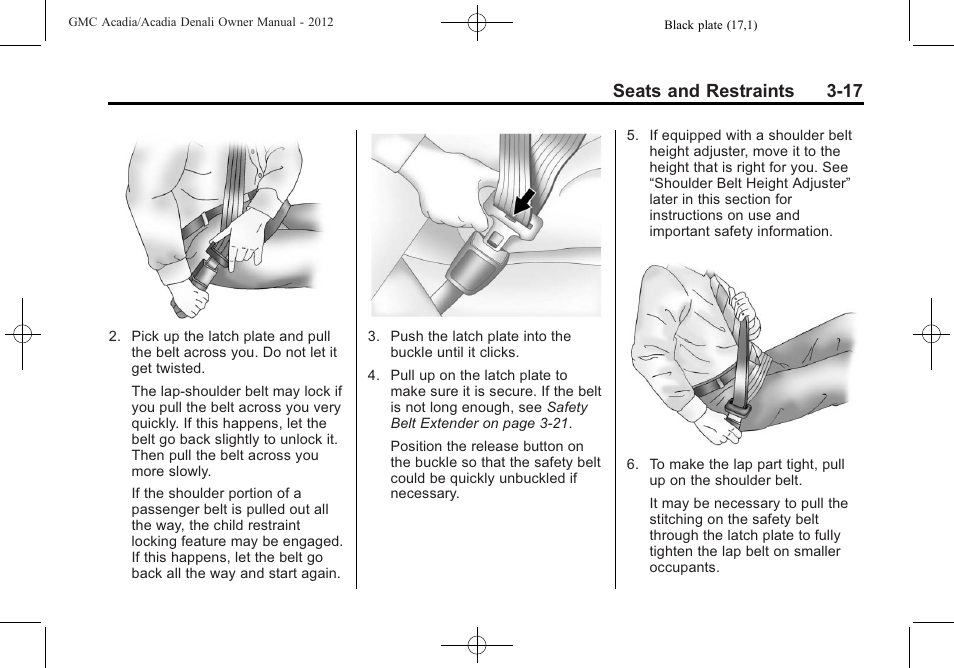 Seats and restraints 3-17 | GMC 2012 Acadia User Manual | Page 71 / 456