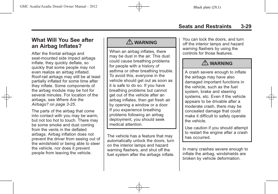 What will you see after an airbag inflates, What will you see after an, Inflates? -29 | GMC 2012 Acadia User Manual | Page 83 / 456