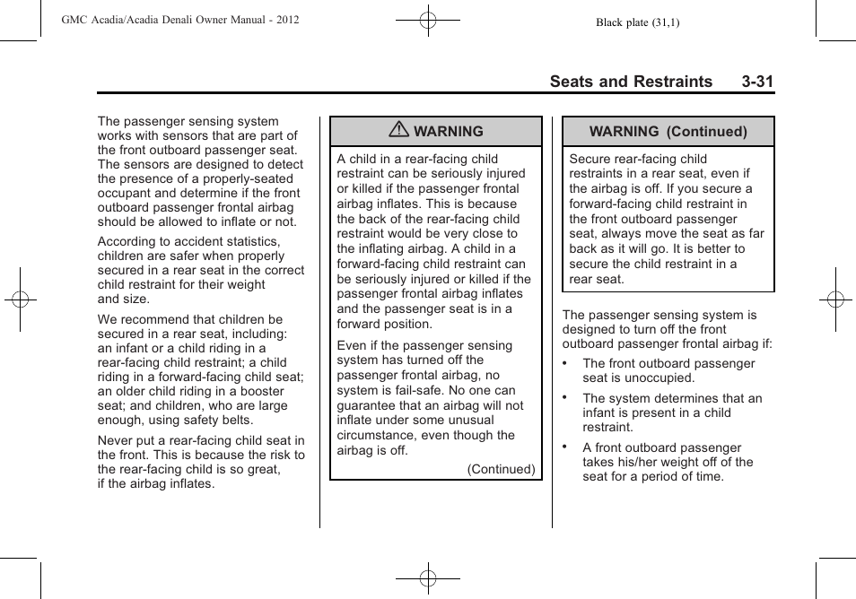 Seats and restraints 3-31 | GMC 2012 Acadia User Manual | Page 85 / 456