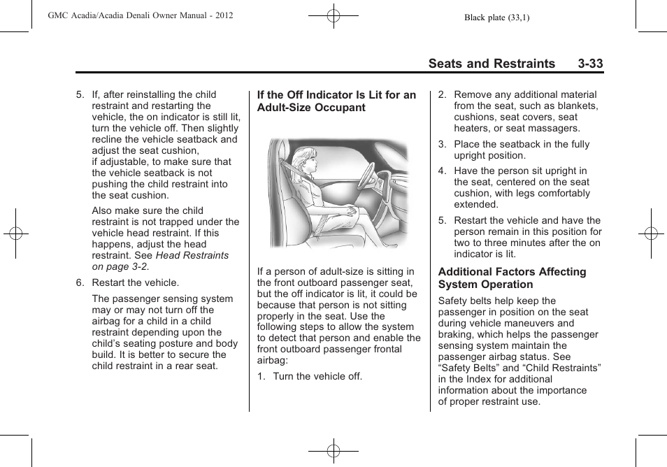 Seats and restraints 3-33 | GMC 2012 Acadia User Manual | Page 87 / 456