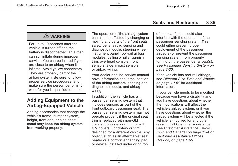 Adding equipment to the airbag-equipped vehicle, Adding equipment to the, Airbag-equipped vehicle -35 | GMC 2012 Acadia User Manual | Page 89 / 456