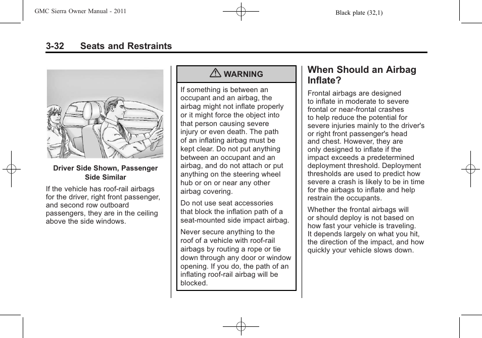 When should an airbag inflate, When should an airbag, Inflate? -32 | GMC 2011 Sierra User Manual | Page 100 / 594