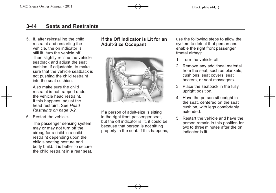 44 seats and restraints | GMC 2011 Sierra User Manual | Page 112 / 594