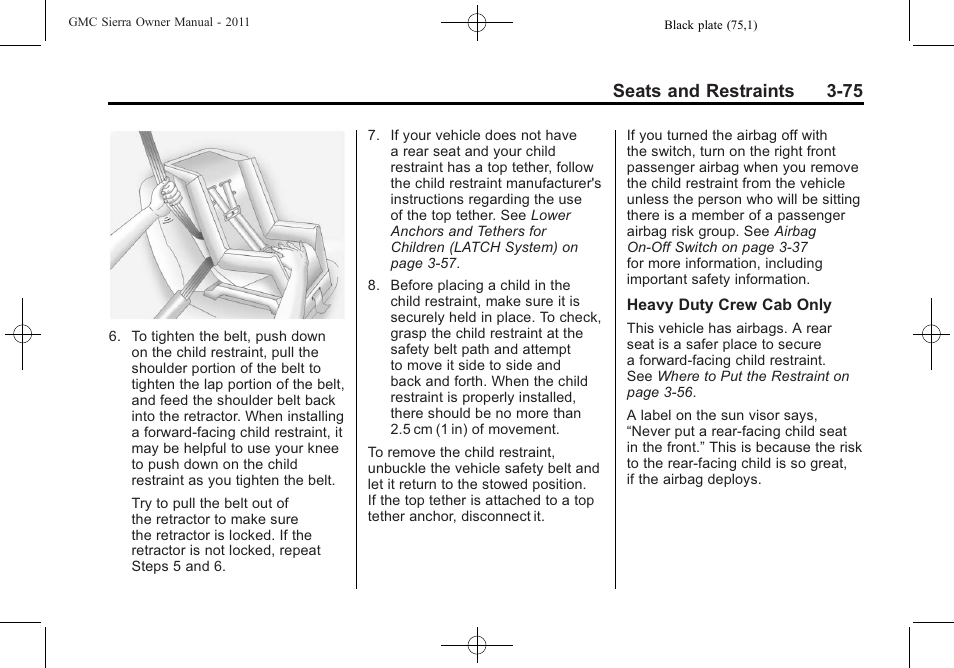 Seats and restraints 3-75 | GMC 2011 Sierra User Manual | Page 143 / 594