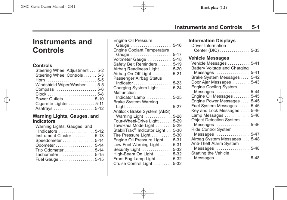 Instruments and controls, Instruments and controls 5-1 | GMC 2011 Sierra User Manual | Page 149 / 594