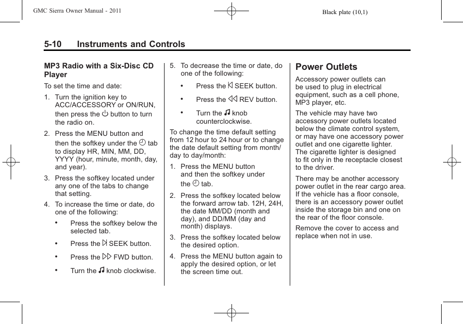 Power outlets, Power outlets -10, 10 instruments and controls | GMC 2011 Sierra User Manual | Page 158 / 594