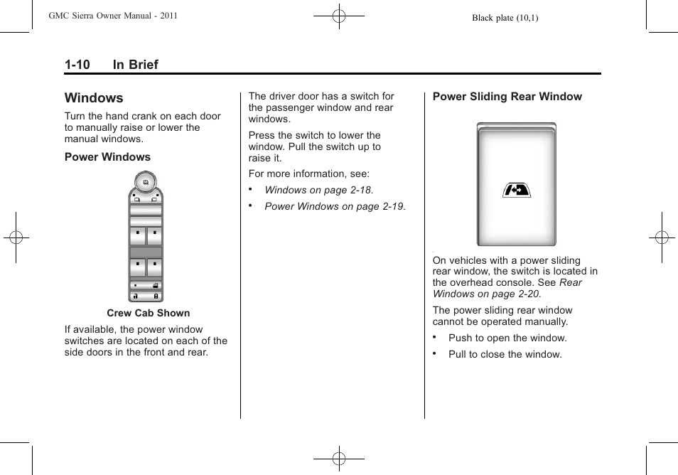 Windows, Windows -10, Radio(s) | 10 in brief | GMC 2011 Sierra User Manual | Page 16 / 594