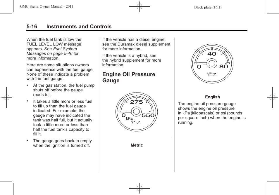 Engine oil pressure gauge, Engine oil pressure, Gauge -16 | 16 instruments and controls | GMC 2011 Sierra User Manual | Page 164 / 594