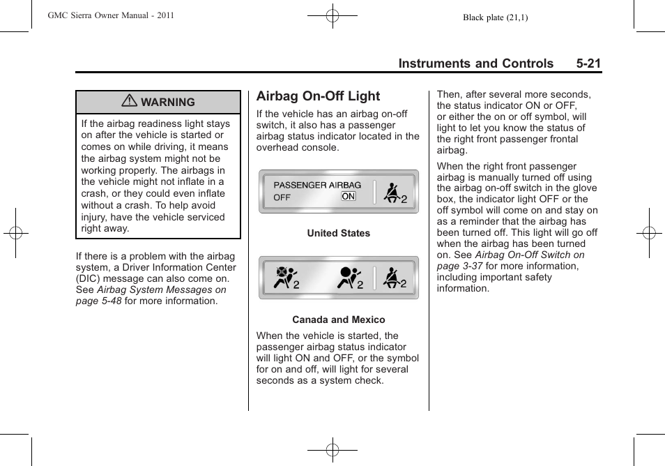 Airbag on-off light, Airbag on-off light -21 | GMC 2011 Sierra User Manual | Page 169 / 594