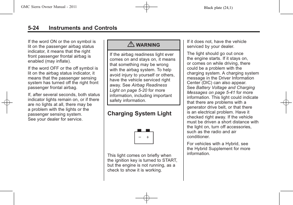 Charging system light, Charging system light -24 | GMC 2011 Sierra User Manual | Page 172 / 594