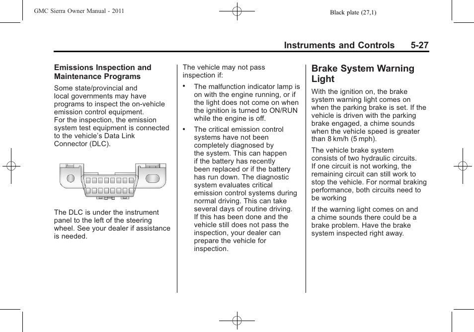 Brake system warning light, Brake system warning, Light -27 | Instruments and controls 5-27 | GMC 2011 Sierra User Manual | Page 175 / 594