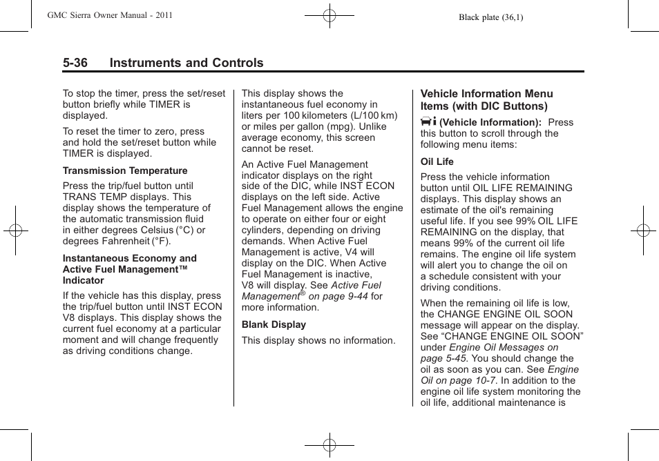 36 instruments and controls | GMC 2011 Sierra User Manual | Page 184 / 594