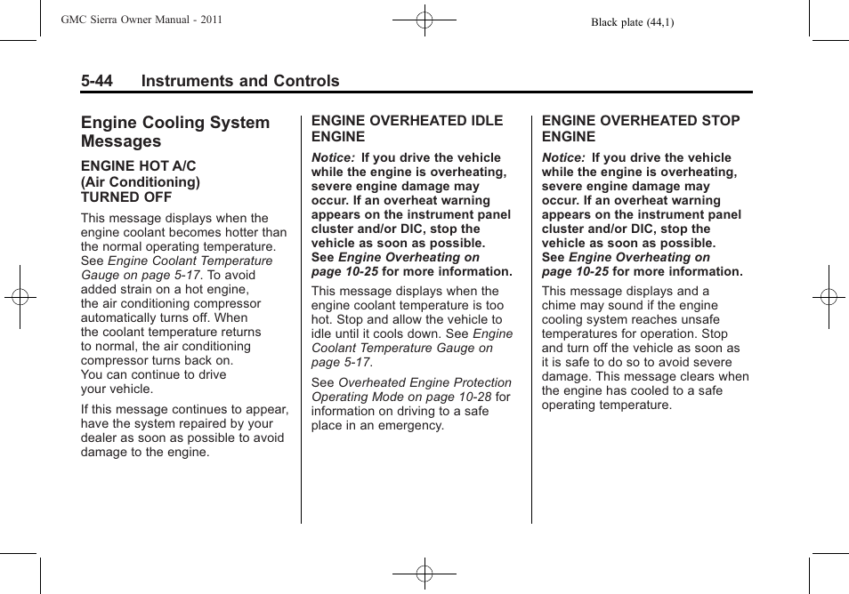 Engine cooling system messages, Engine cooling system, Messages -44 | GMC 2011 Sierra User Manual | Page 192 / 594