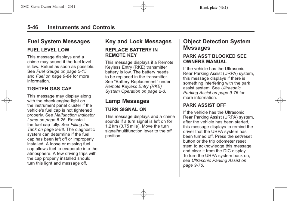 Fuel system messages, Key and lock messages, Lamp messages | Object detection system messages, Messages -46 | GMC 2011 Sierra User Manual | Page 194 / 594