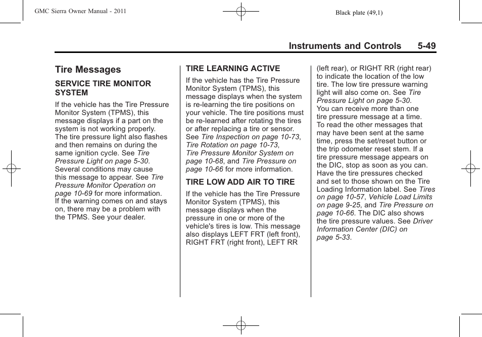 Tire messages, Tire messages -49, Controls | GMC 2011 Sierra User Manual | Page 197 / 594