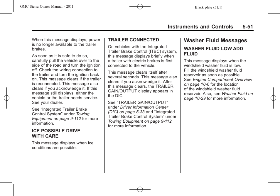 Washer fluid messages, Washer fluid messages -51, Adjustment | GMC 2011 Sierra User Manual | Page 199 / 594