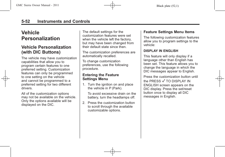 Vehicle personalization, Vehicle personalization (with dic buttons), Personalization -52 | Drive, With dic buttons) -52 | GMC 2011 Sierra User Manual | Page 200 / 594