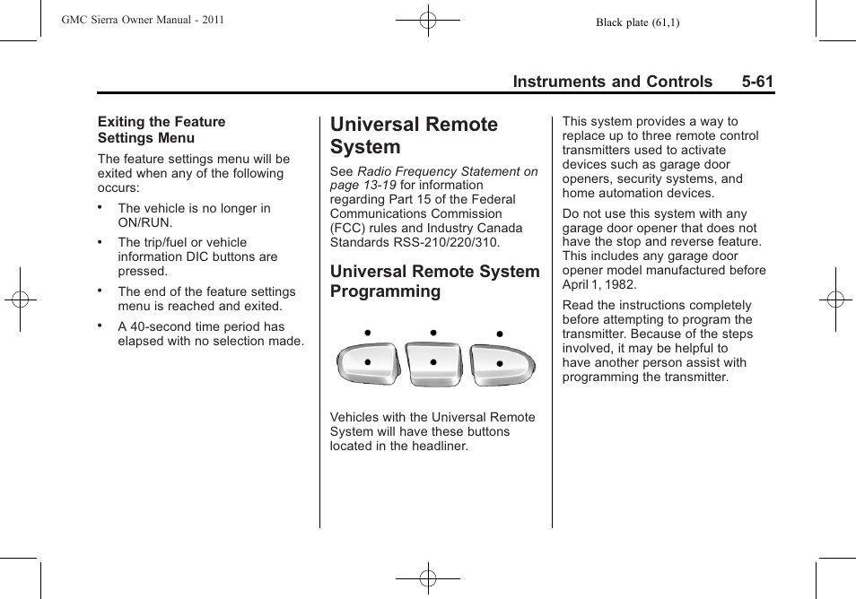 Universal remote system, Universal remote system programming, Remote system -61 | Brakes, Programming -61, Instruments and controls 5-61 | GMC 2011 Sierra User Manual | Page 209 / 594