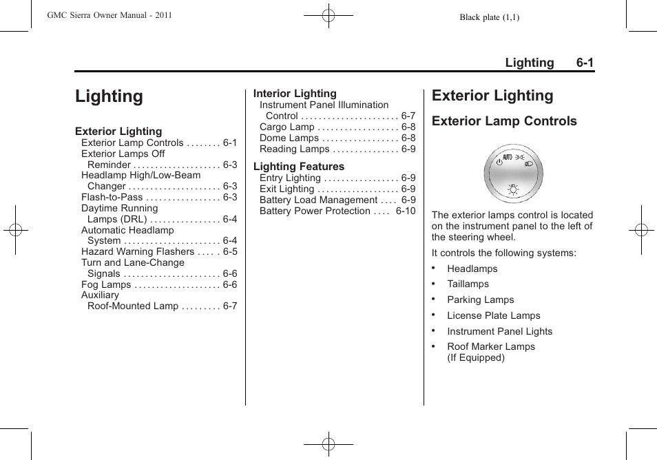 Lighting, Exterior lighting, Exterior lamp controls | Lighting -1, Exterior lighting -1, Object detection, Lighting 6-1 | GMC 2011 Sierra User Manual | Page 217 / 594