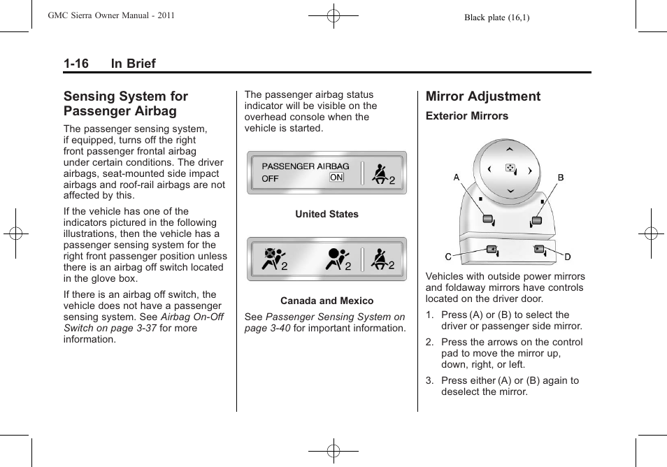 Sensing system for passenger airbag, Mirror adjustment, Sensing system for | Passenger airbag -16, Mirror adjustment -16 | GMC 2011 Sierra User Manual | Page 22 / 594