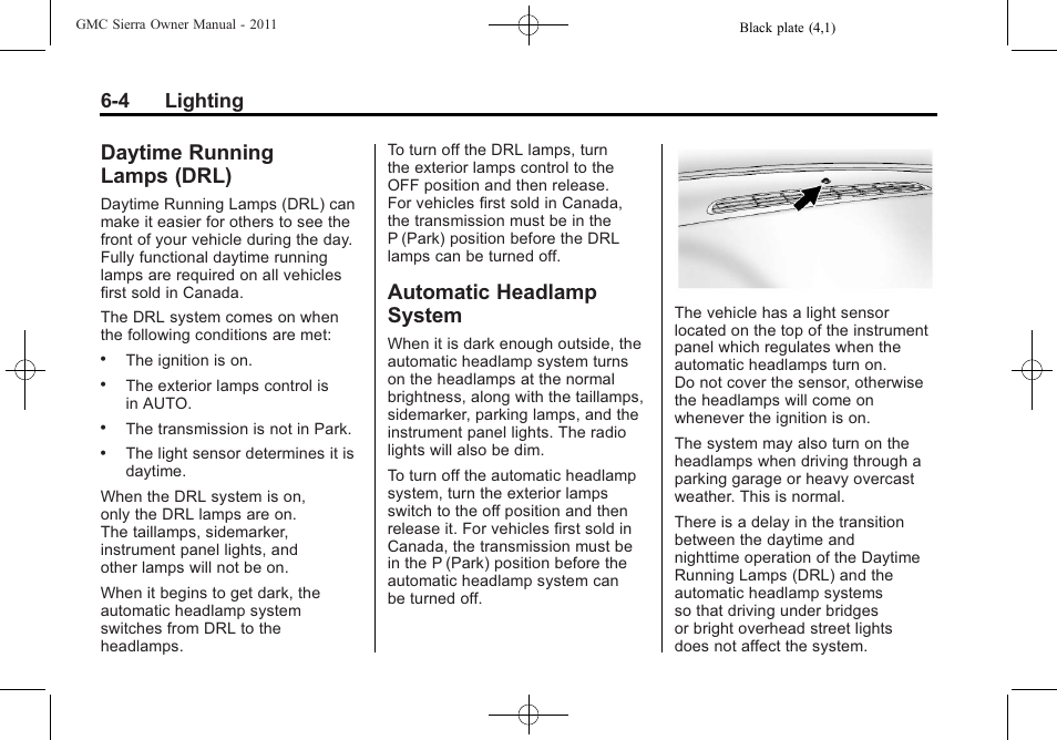 Daytime running lamps (drl), Automatic headlamp system, Daytime running | Lamps (drl) -4, Automatic headlamp, System -4, 4 lighting | GMC 2011 Sierra User Manual | Page 220 / 594