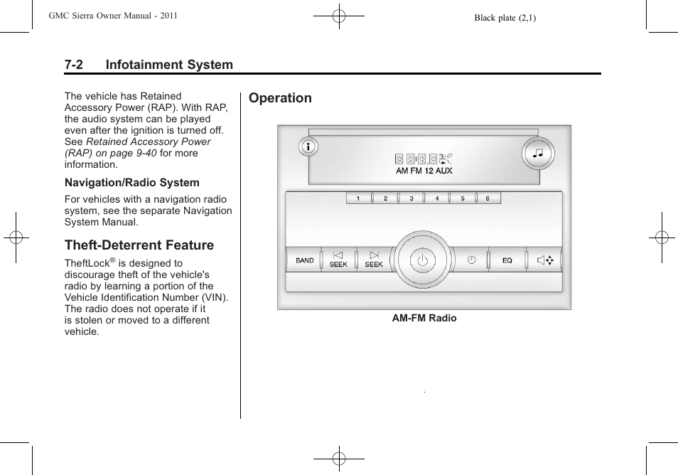 Theft-deterrent feature, Operation, Theft-deterrent feature -2 operation -2 | GMC 2011 Sierra User Manual | Page 228 / 594