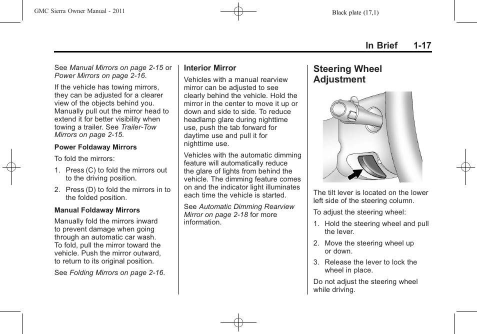 Steering wheel adjustment, Steering wheel, Adjustment -17 | GMC 2011 Sierra User Manual | Page 23 / 594