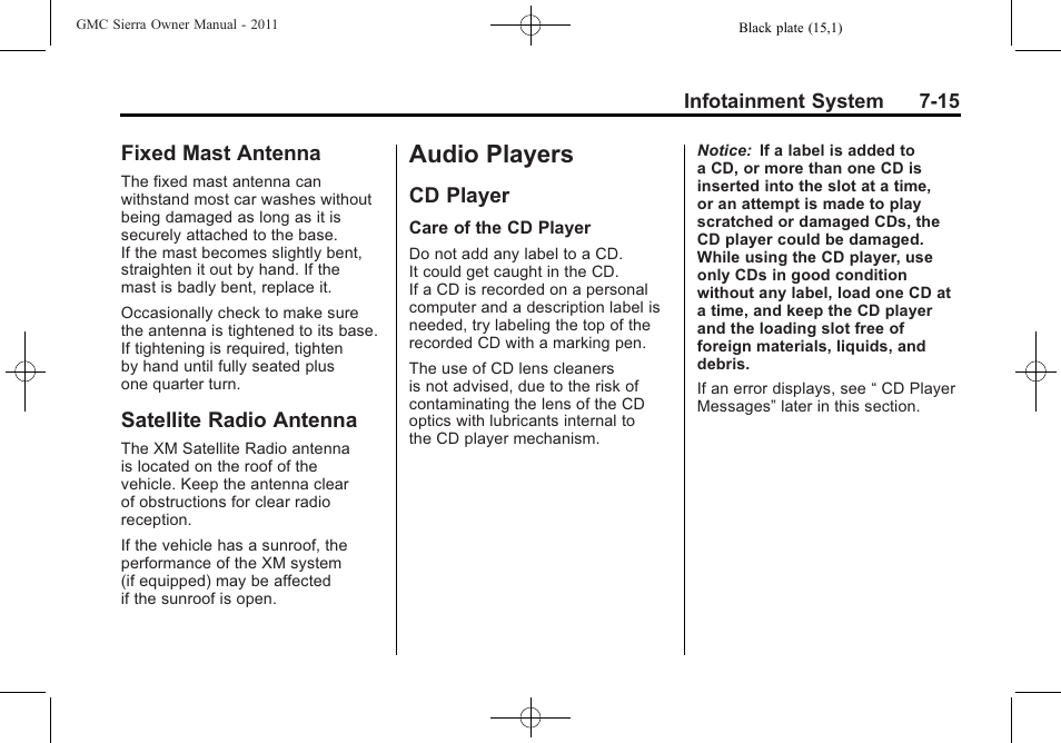 Fixed mast antenna, Satellite radio antenna, Audio players | Cd player, Audio players -15, Fixed mast antenna -15 satellite radio antenna -15, Cd player -15 | GMC 2011 Sierra User Manual | Page 241 / 594