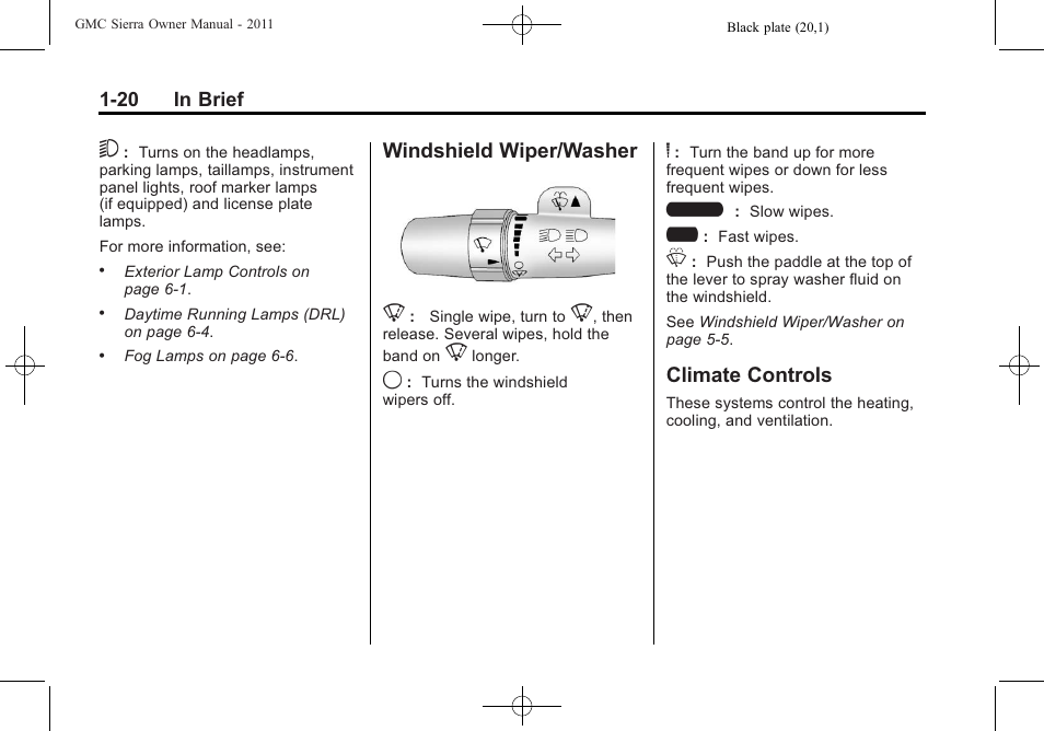 Windshield wiper/washer, Climate controls, Windshield wiper/washer -20 climate controls -20 | Performance, Windshield wiper/washer 8 | GMC 2011 Sierra User Manual | Page 26 / 594