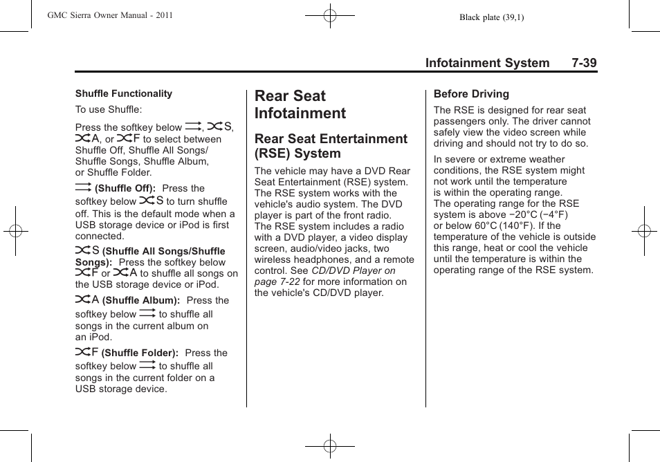 Rear seat infotainment, Rear seat entertainment (rse) system, Rear seat infotainment -39 | Rear seat entertainment, Rse) system -39 | GMC 2011 Sierra User Manual | Page 265 / 594