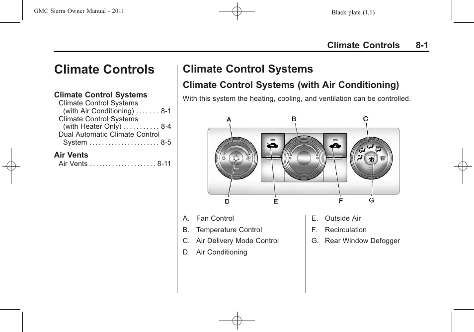 Climate controls, Climate control systems, Climate control systems (with air conditioning) | Climate controls -1, Systems -1 | GMC 2011 Sierra User Manual | Page 283 / 594