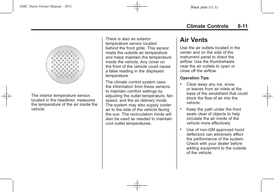 Air vents, Air vents -11, Climate controls 8-11 | GMC 2011 Sierra User Manual | Page 293 / 594