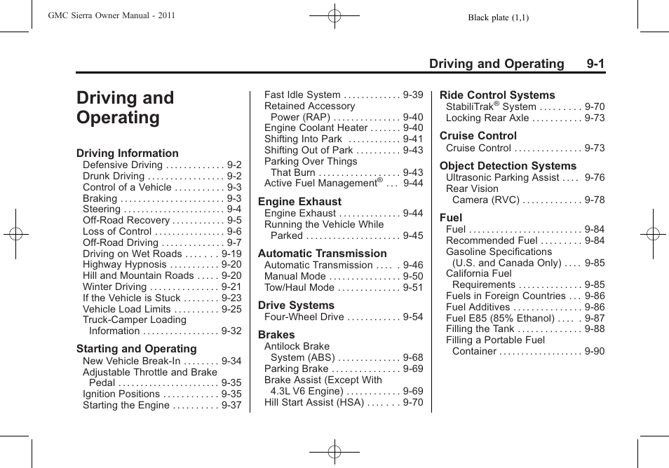 Driving and operating, Driving and operating 9-1 | GMC 2011 Sierra User Manual | Page 295 / 594