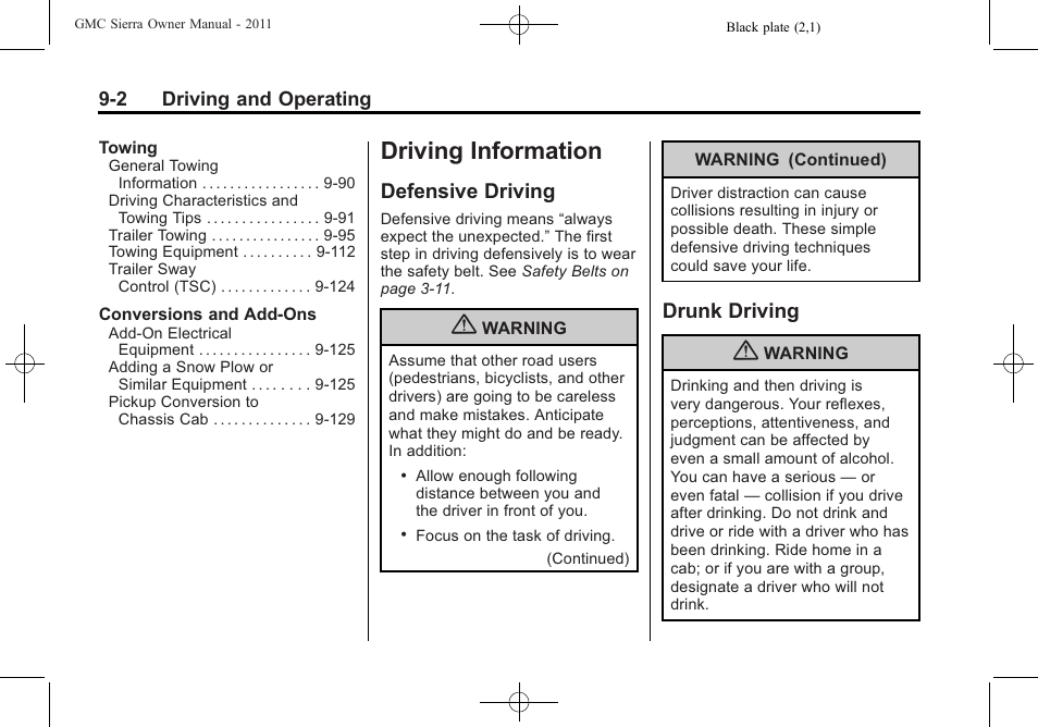 Driving information, Defensive driving, Drunk driving | Driving information -2, Defensive driving -2 drunk driving -2 | GMC 2011 Sierra User Manual | Page 296 / 594