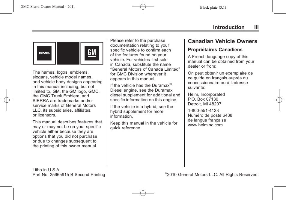 Introduction, Canadian vehicle owners, Introduction iii | GMC 2011 Sierra User Manual | Page 3 / 594
