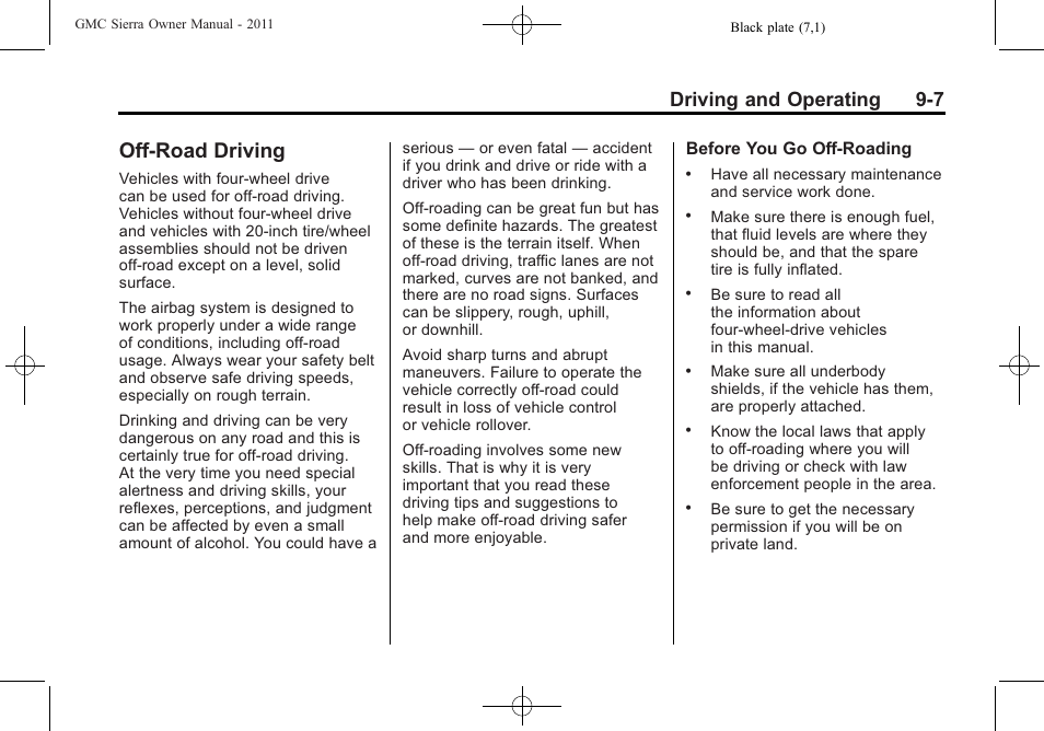 Off-road driving, Off-road driving -7, Driving and operating 9-7 | GMC 2011 Sierra User Manual | Page 301 / 594