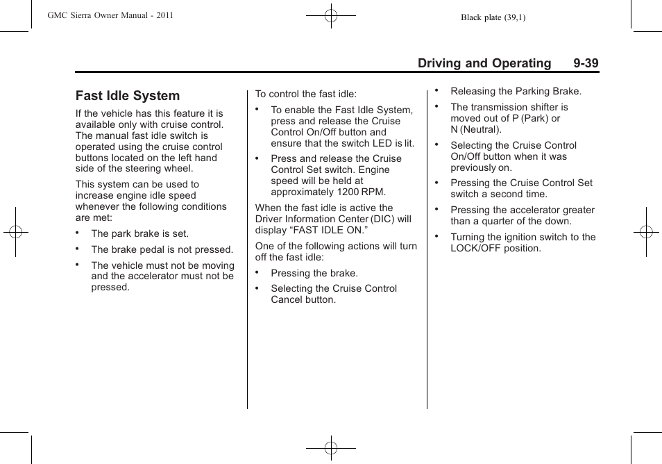 Fast idle system, Fast idle system -39, Driving and operating 9-39 | GMC 2011 Sierra User Manual | Page 333 / 594