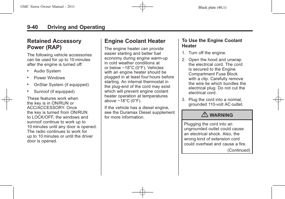 Retained accessory power (rap), Engine coolant heater, Retained accessory | Power (rap) -40, Engine coolant heater -40, 40 driving and operating | GMC 2011 Sierra User Manual | Page 334 / 594