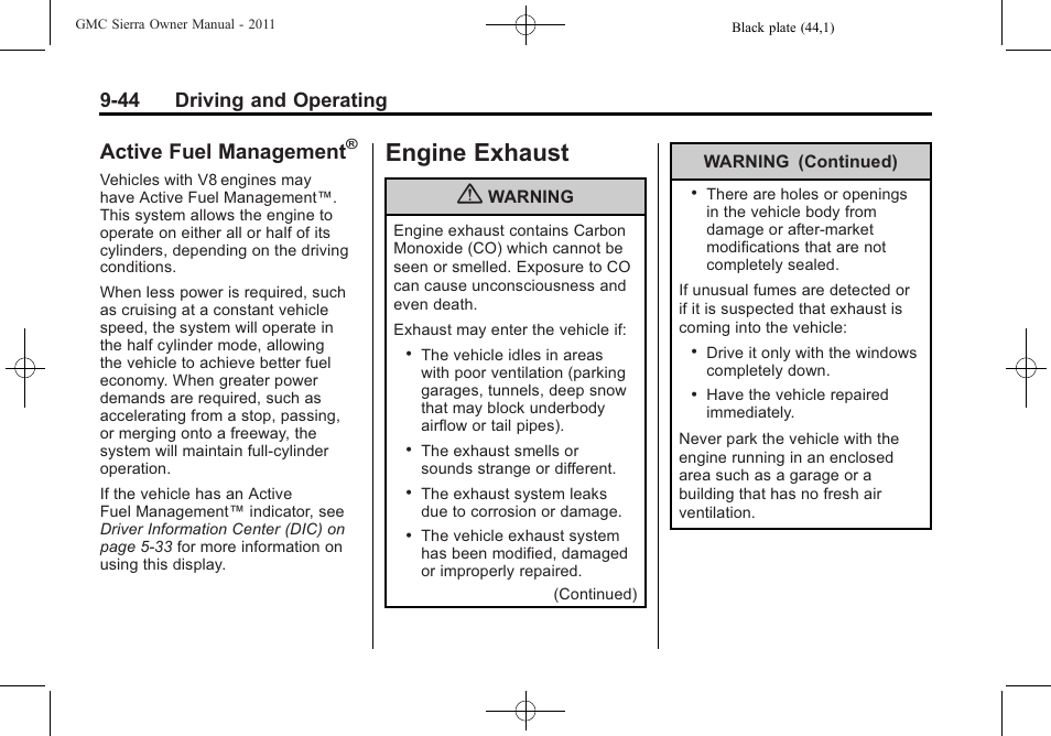 Active fuel management, Engine exhaust, Exhaust -44 | 44 driving and operating | GMC 2011 Sierra User Manual | Page 338 / 594