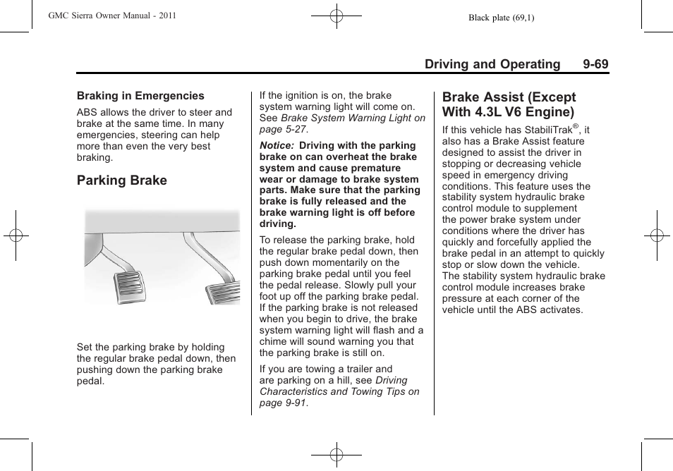 Parking brake, Brake assist (except with 4.3l v6 engine), Parking brake -69 brake assist (except with | 3l v6 engine) -69 | GMC 2011 Sierra User Manual | Page 363 / 594