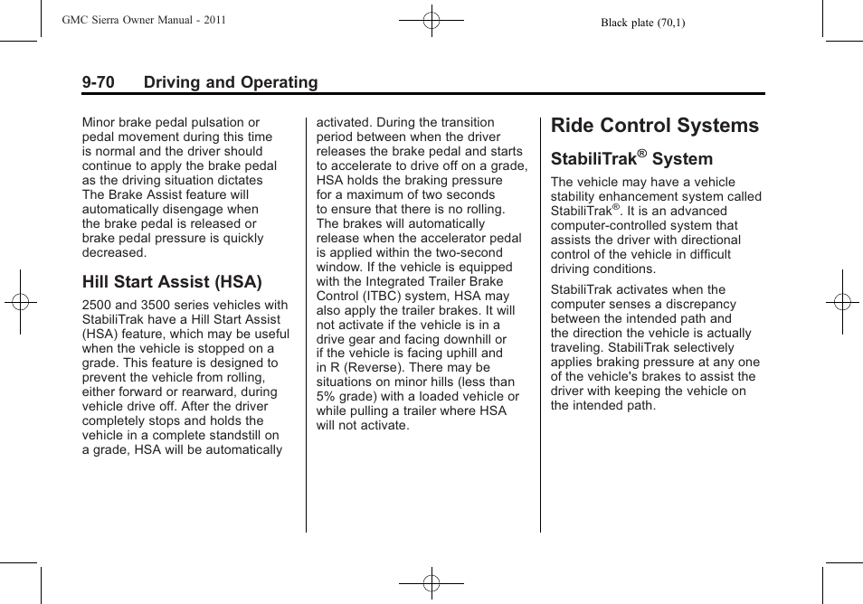 Hill start assist (hsa), Ride control systems, Stabilitrak® system | Ride control systems -70, Stabilitrak, System on, Hill start assist (hsa) -70, System -70, System | GMC 2011 Sierra User Manual | Page 364 / 594