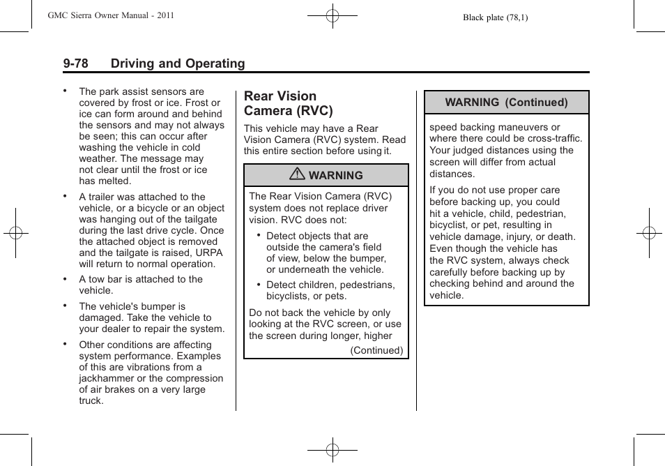 Rear vision camera (rvc), Rear vision, Camera (rvc) -78 | 78 driving and operating | GMC 2011 Sierra User Manual | Page 372 / 594