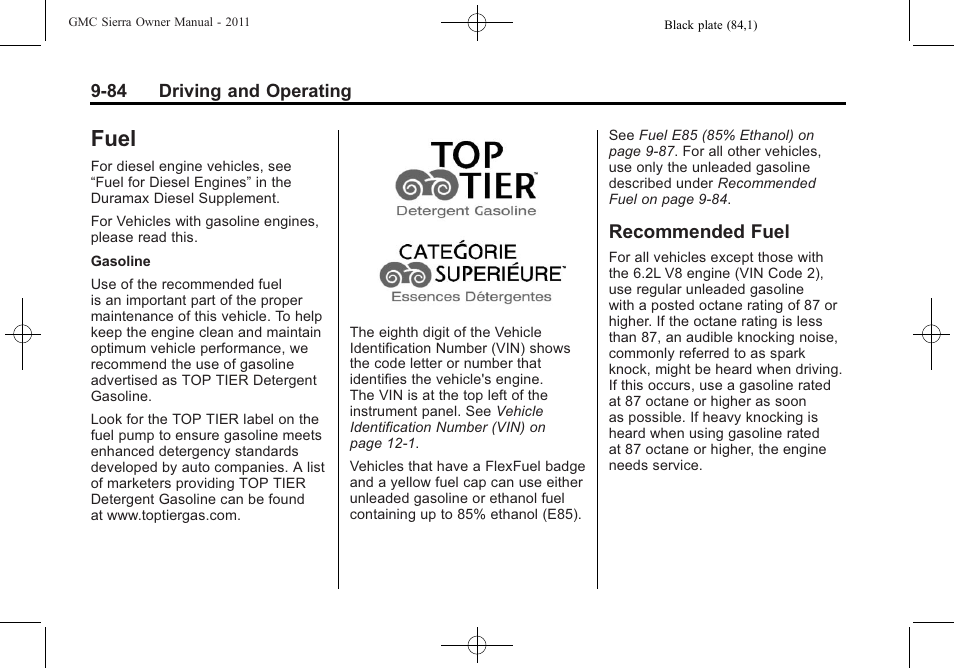 Fuel, Recommended fuel, Fuel -84 recommended fuel -84 | GMC 2011 Sierra User Manual | Page 378 / 594