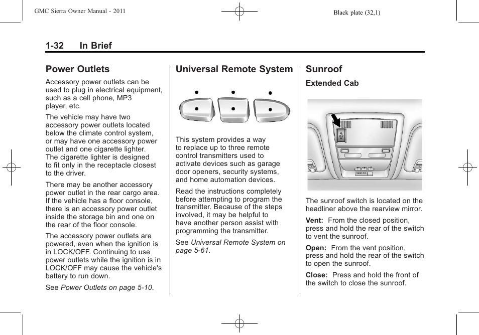 Power outlets, Universal remote system, Sunroof | GMC 2011 Sierra User Manual | Page 38 / 594