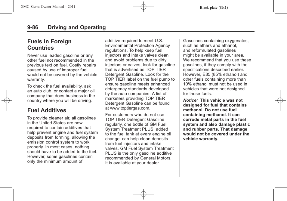 Fuels in foreign countries, Fuel additives, Fuels in foreign countries -86 fuel additives -86 | GMC 2011 Sierra User Manual | Page 380 / 594